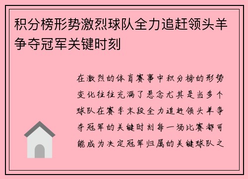 积分榜形势激烈球队全力追赶领头羊争夺冠军关键时刻