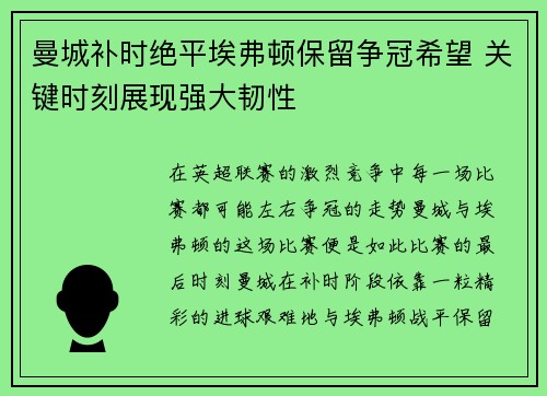 曼城补时绝平埃弗顿保留争冠希望 关键时刻展现强大韧性