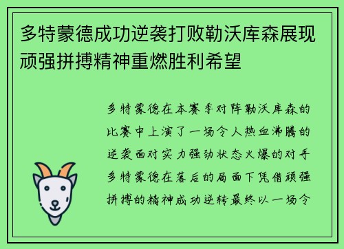 多特蒙德成功逆袭打败勒沃库森展现顽强拼搏精神重燃胜利希望