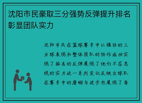 沈阳市民豪取三分强势反弹提升排名彰显团队实力