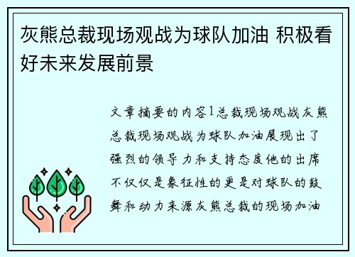 灰熊总裁现场观战为球队加油 积极看好未来发展前景