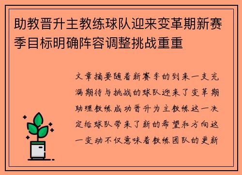 助教晋升主教练球队迎来变革期新赛季目标明确阵容调整挑战重重