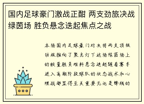 国内足球豪门激战正酣 两支劲旅决战绿茵场 胜负悬念迭起焦点之战