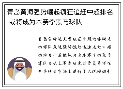 青岛黄海强势崛起疯狂追赶中超排名 或将成为本赛季黑马球队