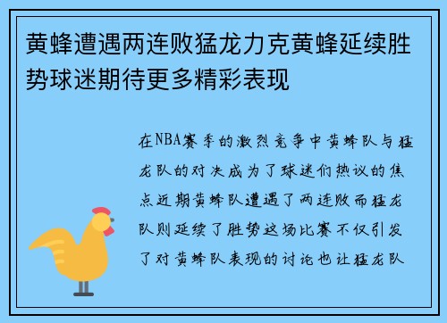 黄蜂遭遇两连败猛龙力克黄蜂延续胜势球迷期待更多精彩表现